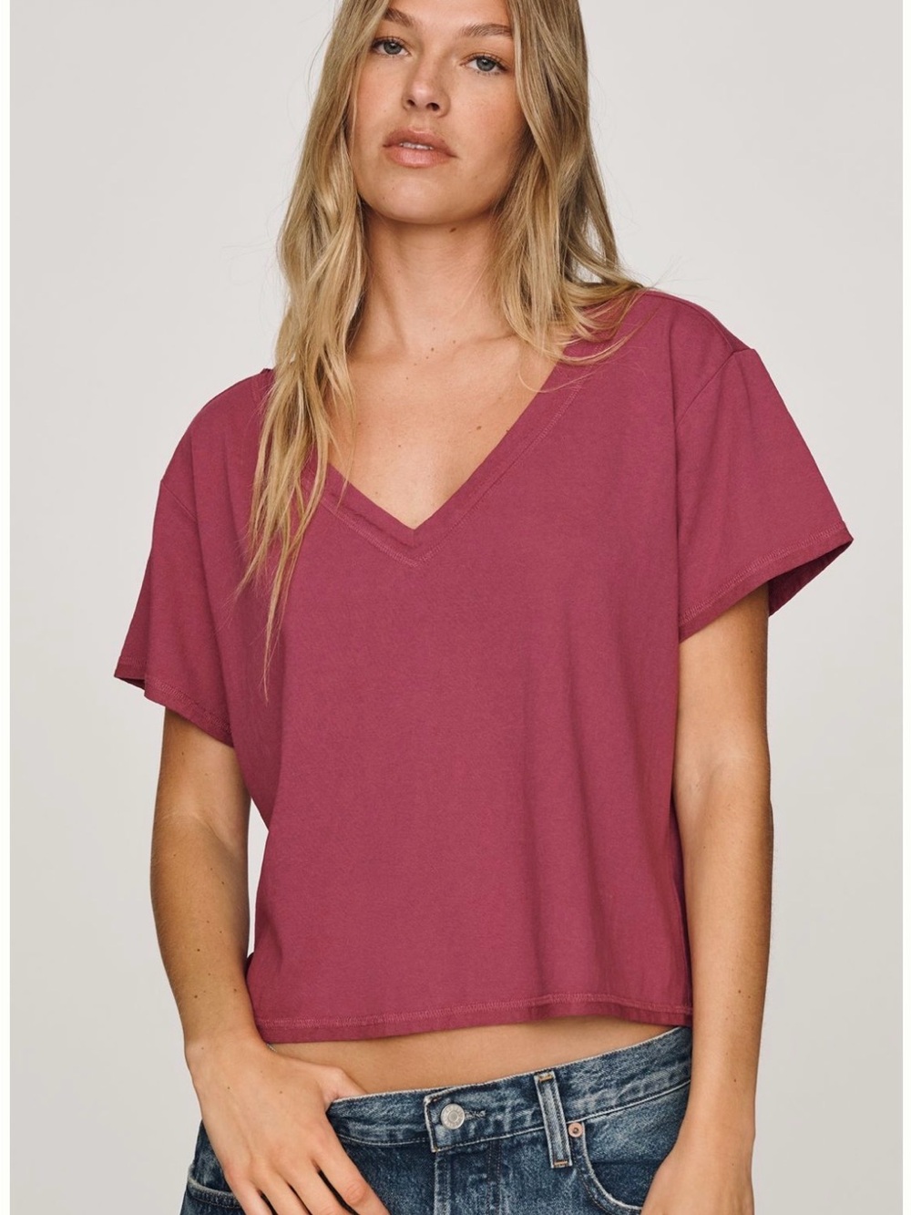 Pilcro V-Neck Cotton Blend Tee Raspberry Radiance